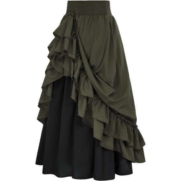 Women Renaissance Long Double-Layer Ruffle Skirt Green - Picture 1 of 6